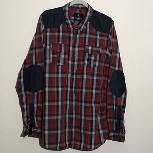 Jeans by Buffalo Shirt Mens XL Red Plaid Elbow Patches Roll-Tab Western Cowboy